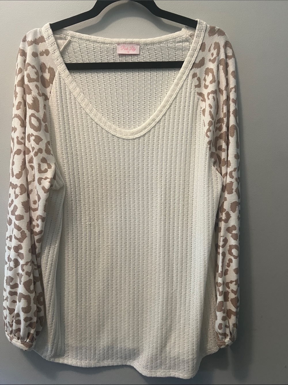 Pink Lily Cream Waffle Knit Top with Taupe Leopard Print Sleeves